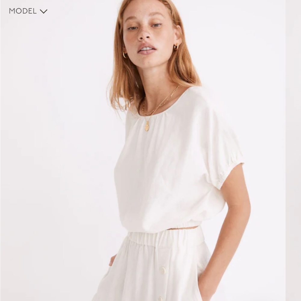 Madewell NWT Linen-Blend Michele Bubble Top in Ivory Lighthouse XXL Short Sleeve